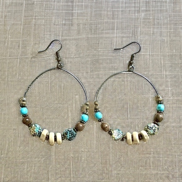 Jewelry - Vintage Style Turquoise & Bronze Color Round Hoop Earrings